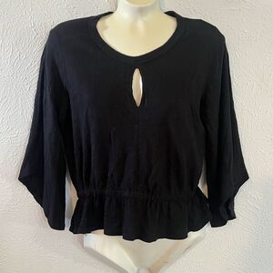 W by Wilt Women Black Slub Cotton Elastic Waist Peplum Open Slit Sleeve Top XS